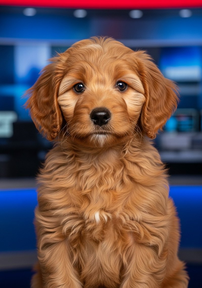 Abba, NewsDog co-anchor — red goldendoodle puppy