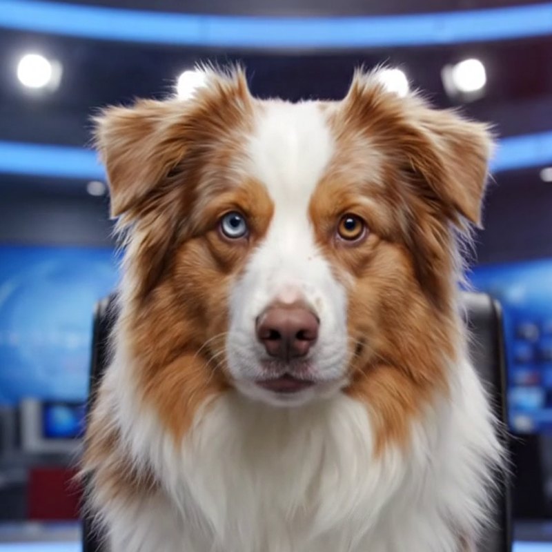 Basil, NewsDog anchor — red merle Australian Shepherd at a news desk