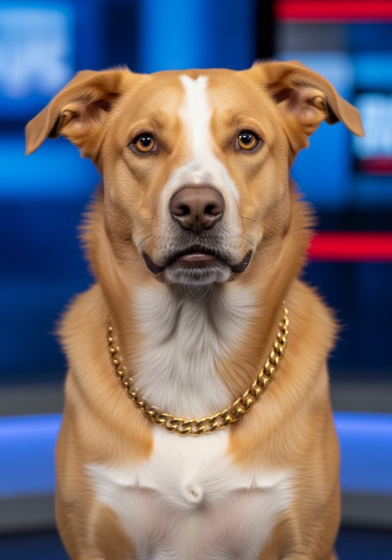 Cleo, NewsDog senior markets correspondent — golden mixed breed with a gold chain