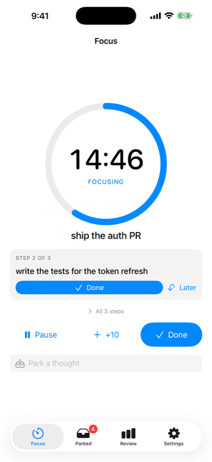 Curo running a focus session: a ring around a large countdown, with the current step below it