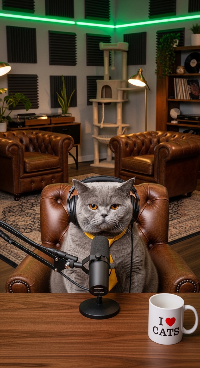 Chairman Meow, Off the Leash co-host — grey British Shorthair in a gold tie