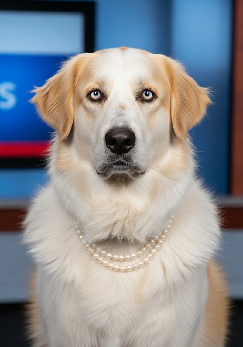 Peaches, NewsDog Long View correspondent — white Great Pyrenees mix in pearls