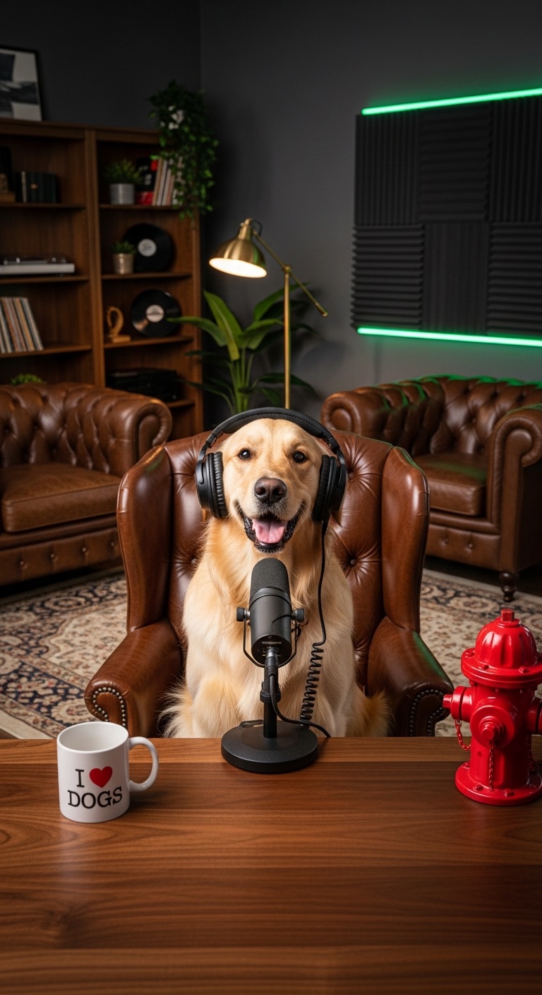 Rally, Off the Leash co-host — golden retriever in podcast headphones
